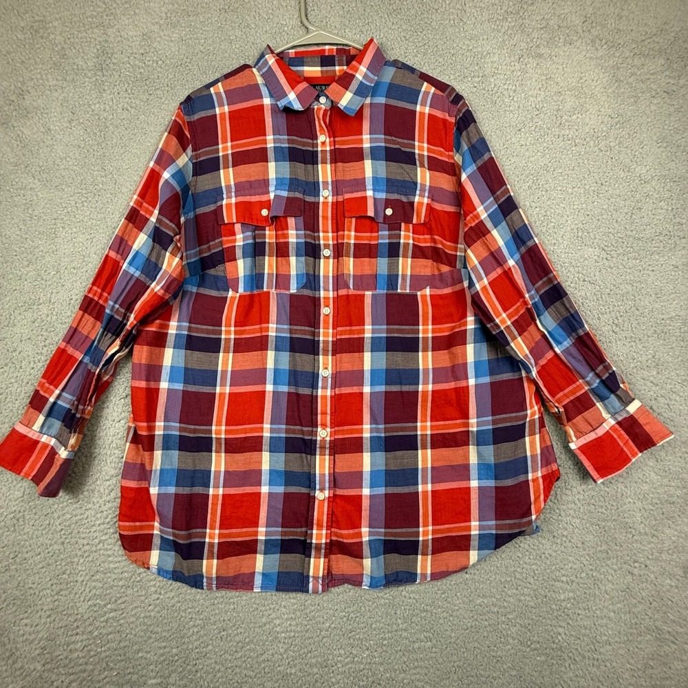 Lauren Ralph Lauren Plaid Button Up Shirt Womens 1X TG Red Blue Cotton Blend